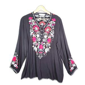 St Lareina Tunic Black Embroidered Floral Boho Long Sleeve L
